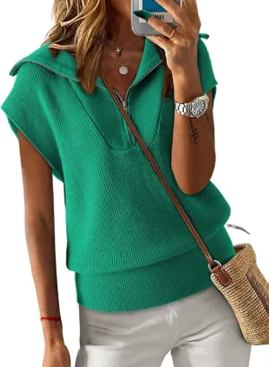 Dokotoo Women's Casual Sleeveless Half Zip Pullover Sweaters Solid V Neck Collar Ribbed Knitted Loose Sweaters