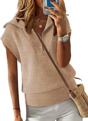 Dokotoo Women's Casual Sleeveless Half Zip Pullover Sweaters Solid V Neck Collar Ribbed Knitted Loose Sweaters