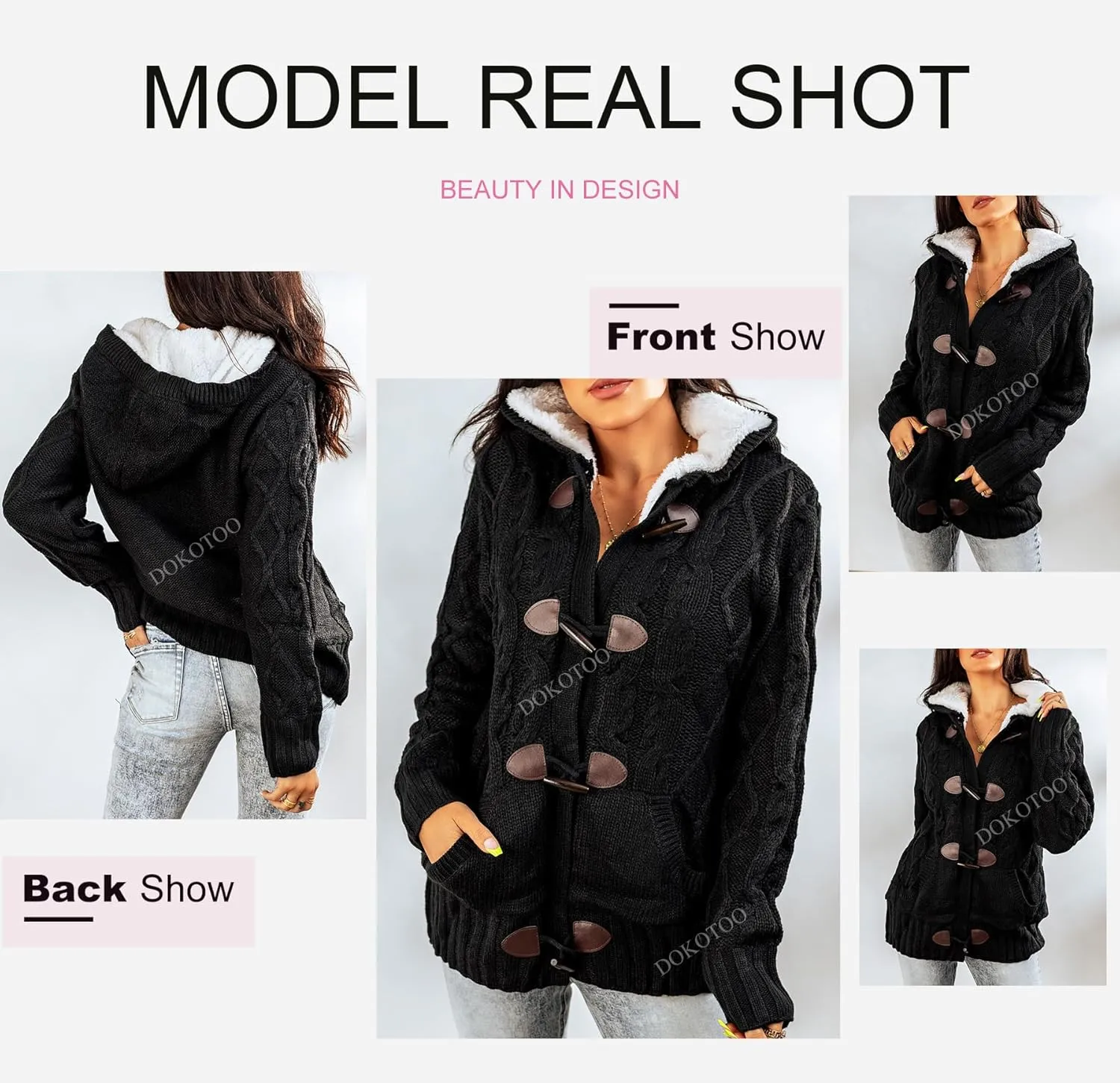 Dokotoo Women's Sweaters Winter Hooded Cardigans Button Up Cable Knit Coats Jackets Outerwear with Pockets