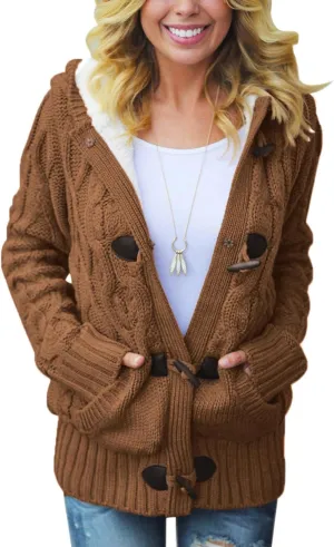 Dokotoo Women's Sweaters Winter Hooded Cardigans Button Up Cable Knit Coats Jackets Outerwear with Pockets