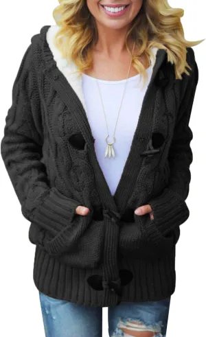 Dokotoo Women's Sweaters Winter Hooded Cardigans Button Up Cable Knit Coats Jackets Outerwear with Pockets