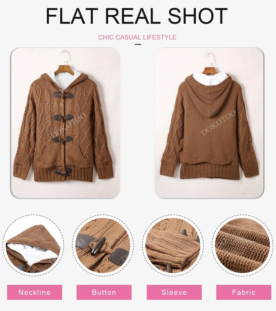 Dokotoo Women's Sweaters Winter Hooded Cardigans Button Up Cable Knit Coats Jackets Outerwear with Pockets