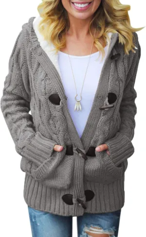 Dokotoo Women's Sweaters Winter Hooded Cardigans Button Up Cable Knit Coats Jackets Outerwear with Pockets