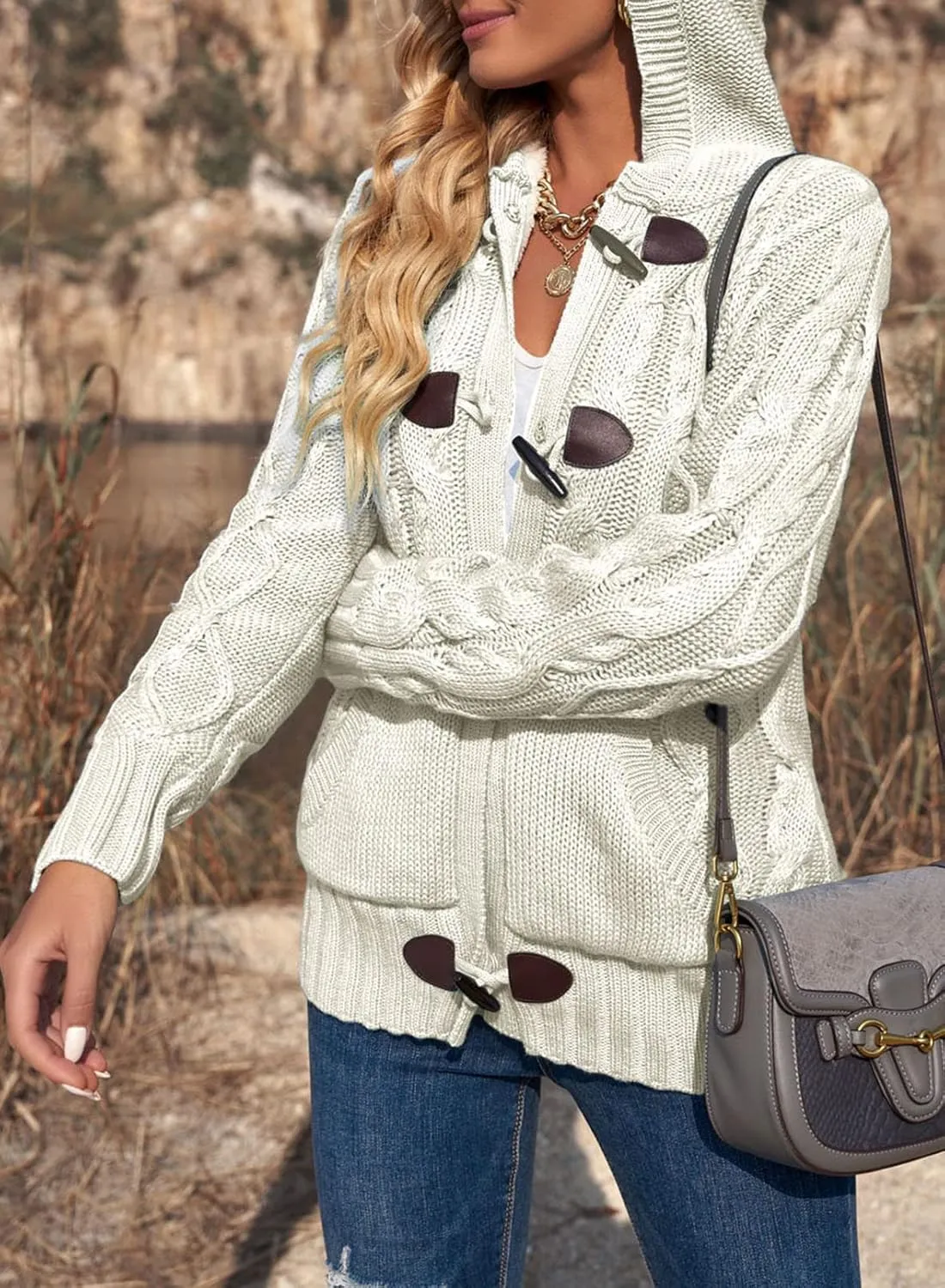 Dokotoo Women's Sweaters Winter Hooded Cardigans Button Up Cable Knit Coats Jackets Outerwear with Pockets