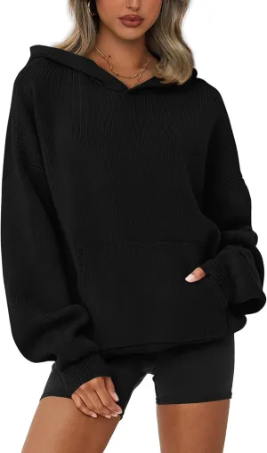 dowerme Women Oversized Sweaters 2025 Lantern Long Sleeve Drop Shoulder Chunky Knit Hooded Pullover Sweater With Pocket