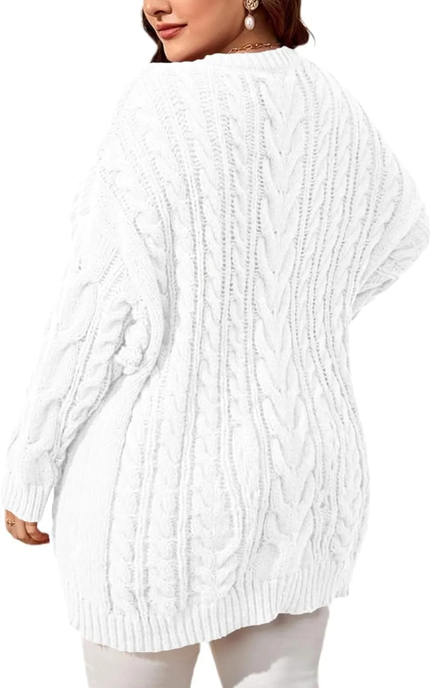 Dyexces Plus Size Sweaters for Women V Neck Long Sleeve Cable Knit Sweaters Casual Fall Sweaters Soft Jumper Tops