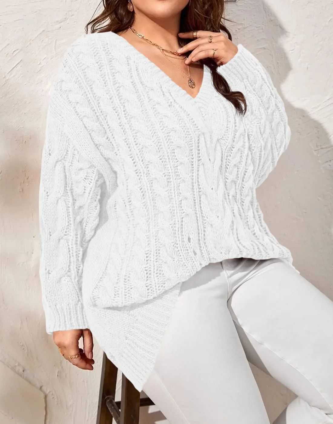 Dyexces Plus Size Sweaters for Women V Neck Long Sleeve Cable Knit Sweaters Casual Fall Sweaters Soft Jumper Tops