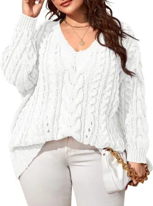 Dyexces Plus Size Sweaters for Women V Neck Long Sleeve Cable Knit Sweaters Casual Fall Sweaters Soft Jumper Tops