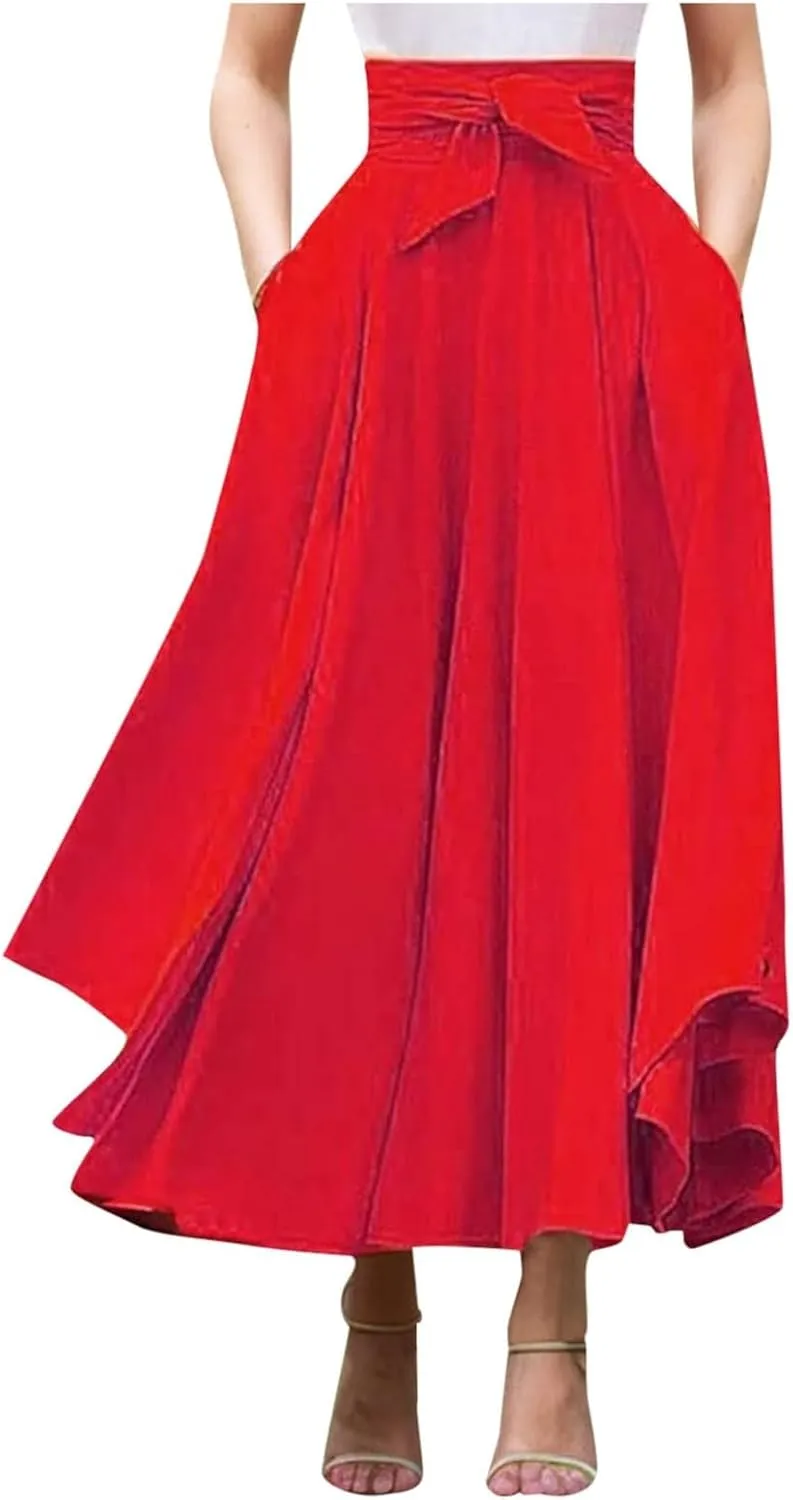 Elegant High Waist Skirt for Women Casual Bohemian Maxi Skirt with Pockets Asymmetrical Hem Skirts for Women Midi