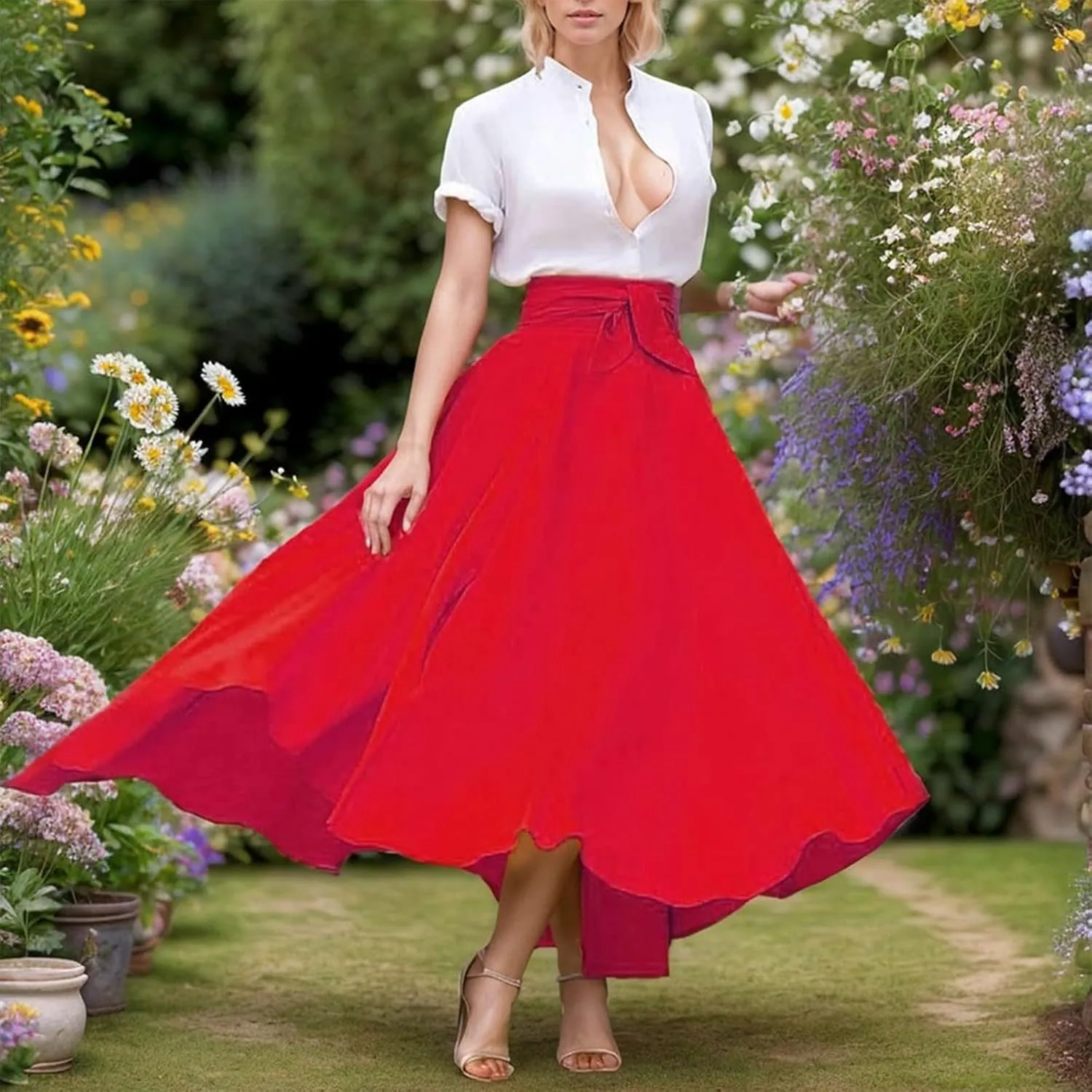 Elegant High Waist Skirt for Women Casual Bohemian Maxi Skirt with Pockets Asymmetrical Hem Skirts for Women Midi