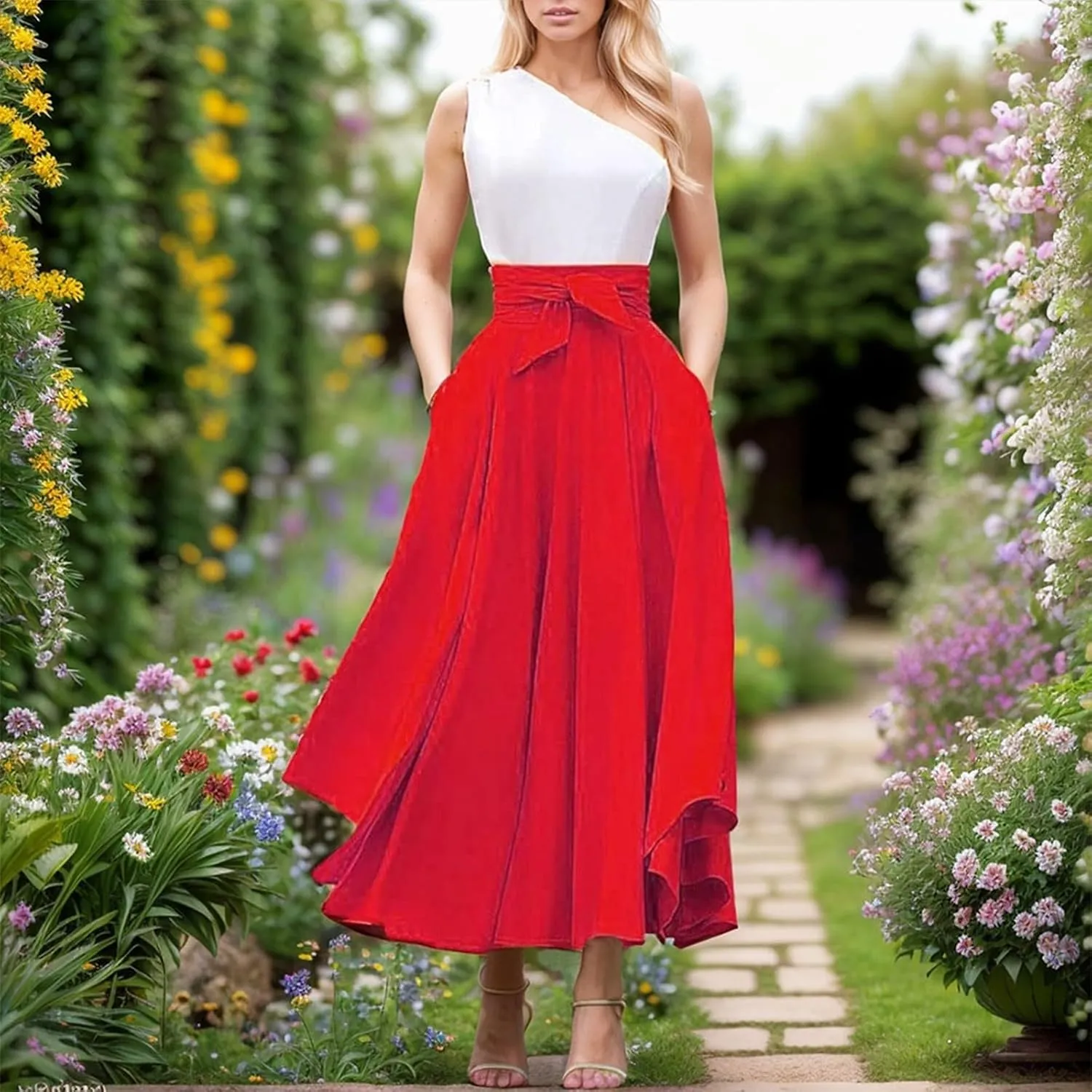 Elegant High Waist Skirt for Women Casual Bohemian Maxi Skirt with Pockets Asymmetrical Hem Skirts for Women Midi