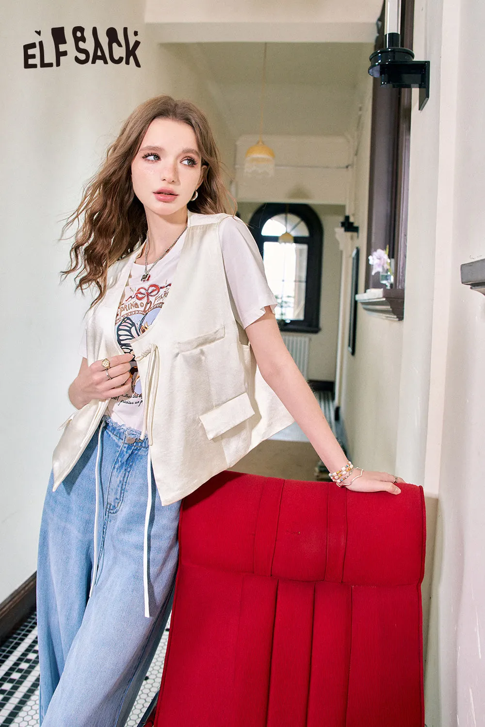 ELFSACK 2024 Summer New Chinese style outerwear unique waistcoat vest thin vest for women