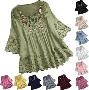 Embroidered Tops for Women Plus Size Vintage Lace Patchwork Bow V-Neck Tops Half Sleeve Boho Cute Mexican T-Shirt