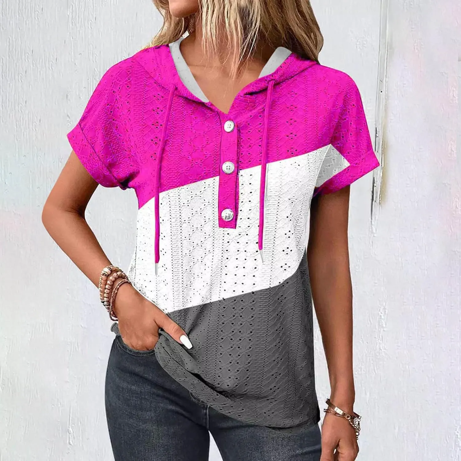 Eyelet Tops for Women 2025 Trendy Summer Hoodies Short Sleeve Button Up Casual Loose Fit Embroidery Shirts Blouses