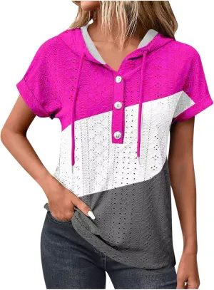 Eyelet Tops for Women 2025 Trendy Summer Hoodies Short Sleeve Button Up Casual Loose Fit Embroidery Shirts Blouses