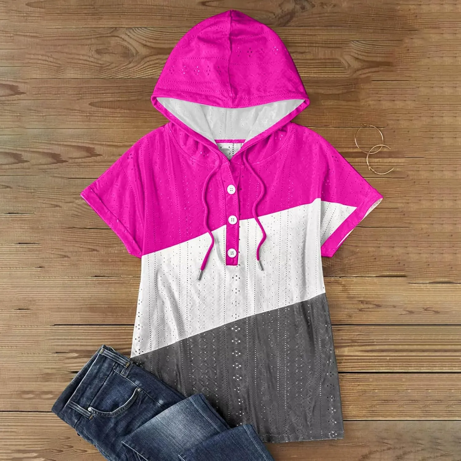 Eyelet Tops for Women 2025 Trendy Summer Hoodies Short Sleeve Button Up Casual Loose Fit Embroidery Shirts Blouses