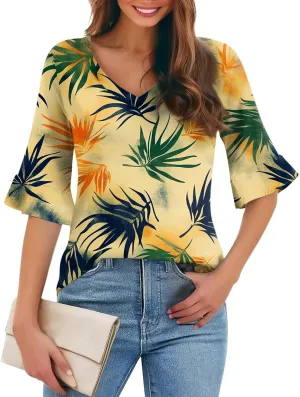 Five-Pointed Sleeve T-Shirts for Women Floral Print Lightweight Going Out Tops 2025 Casual Loose Summer Tees Blouses