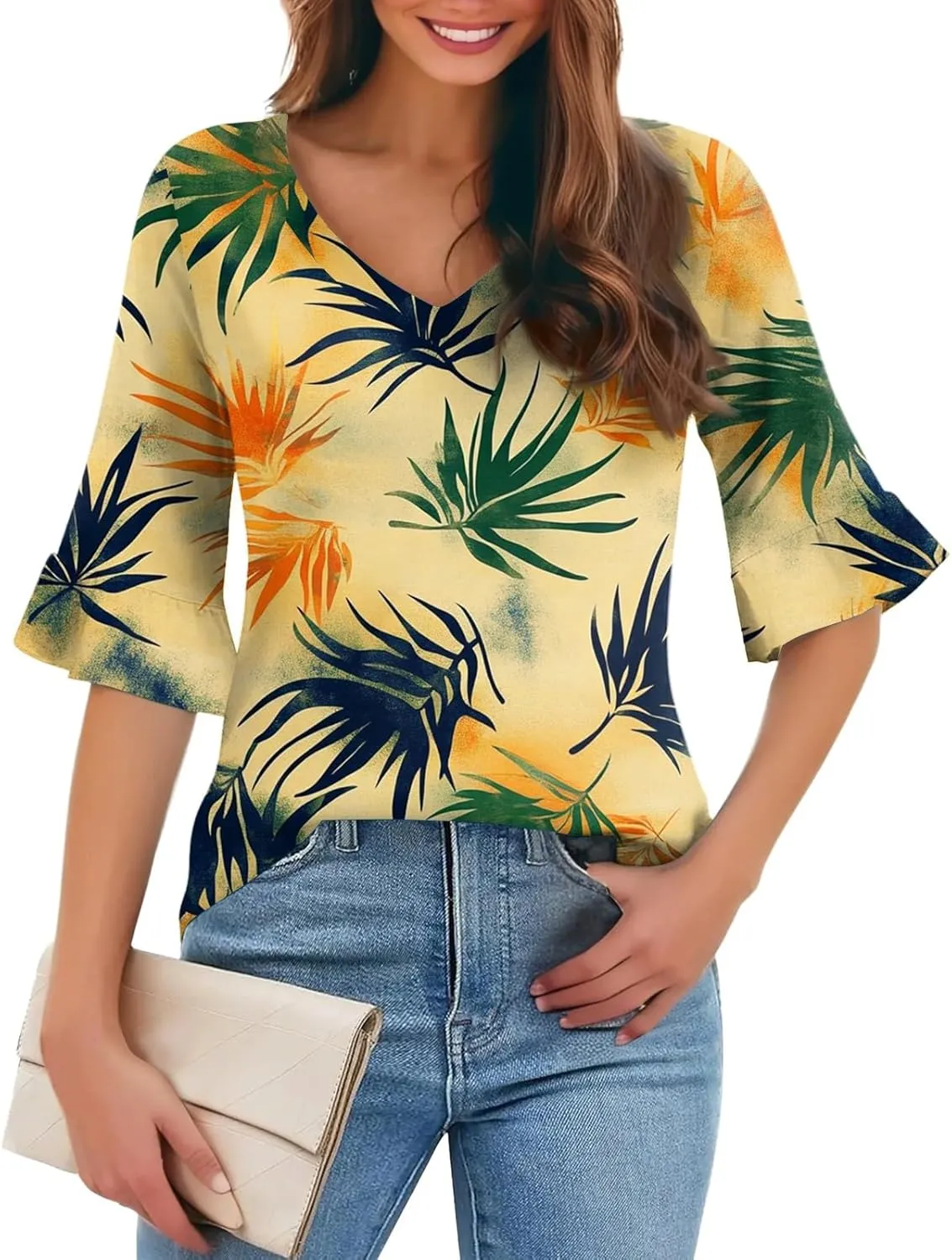 Five-Pointed Sleeve T-Shirts for Women Floral Print Lightweight Going Out Tops 2025 Casual Loose Summer Tees Blouses