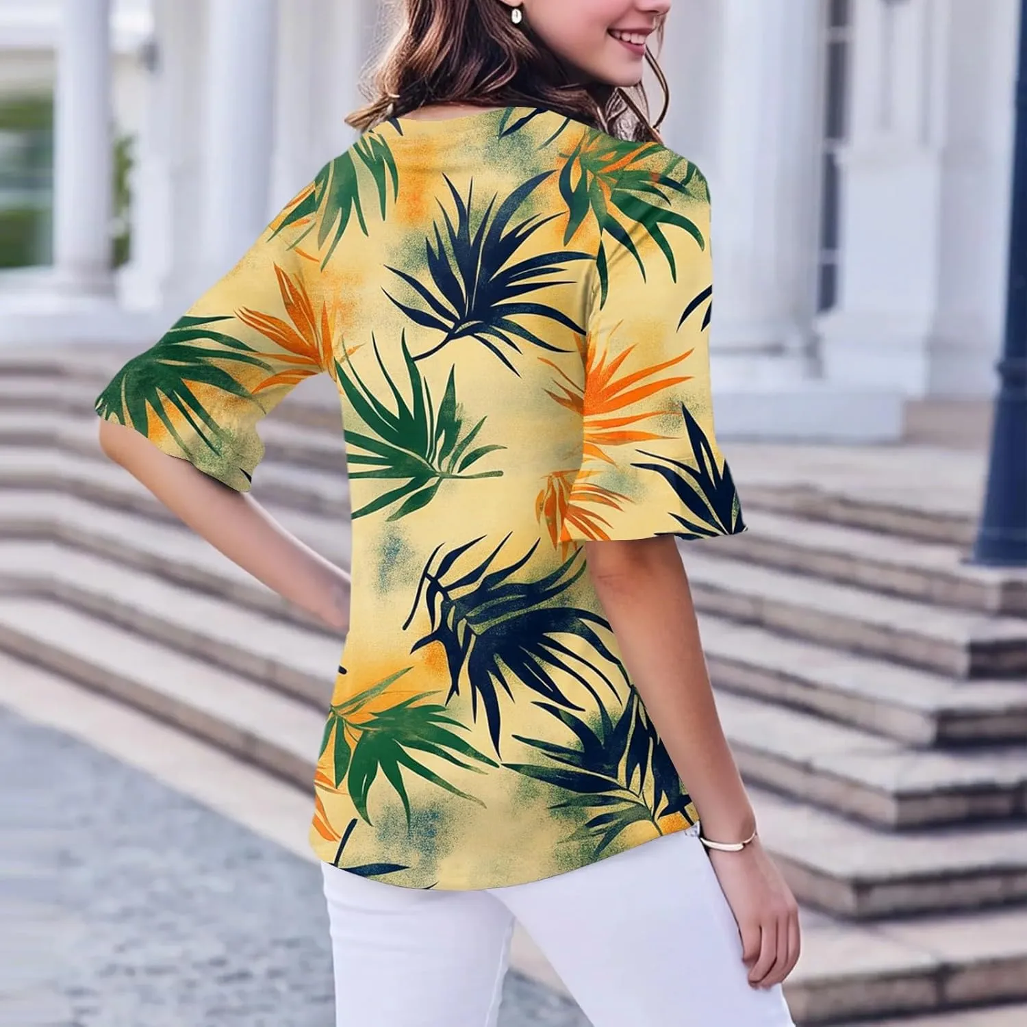 Five-Pointed Sleeve T-Shirts for Women Floral Print Lightweight Going Out Tops 2025 Casual Loose Summer Tees Blouses