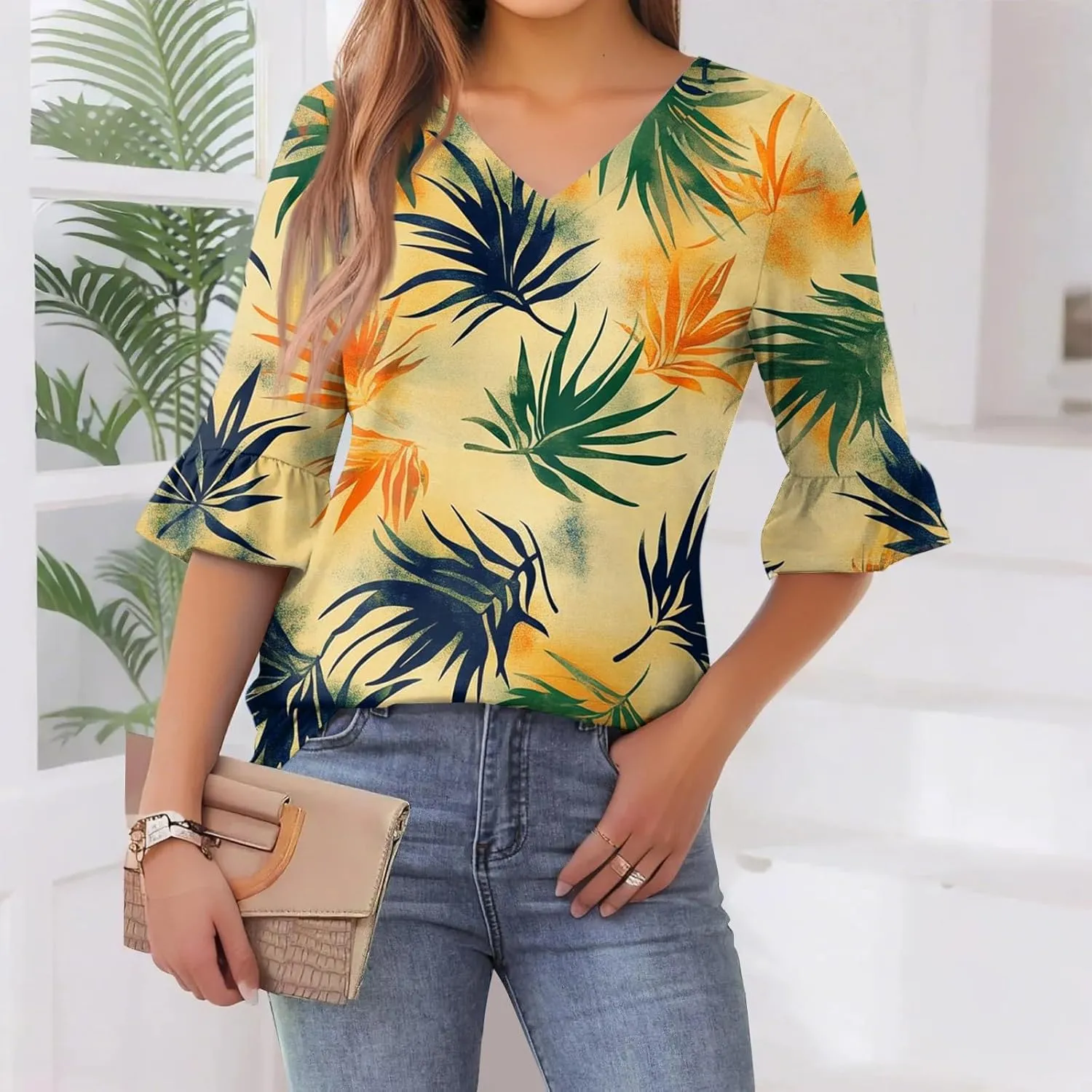 Five-Pointed Sleeve T-Shirts for Women Floral Print Lightweight Going Out Tops 2025 Casual Loose Summer Tees Blouses