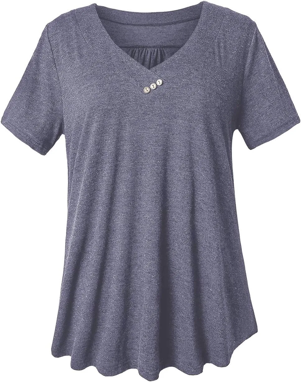 FOLUNSI Womens Plus Size Short Sleeve Henley Shirt V Neck Floral Blouses Tunic Tops M-4XL