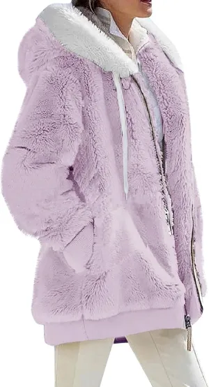 Fuzzy Fleece Jacket Women Fluffy Plus Size Faux Fur Coats Shaggy Oversized Zip Up Hoodie with Pockets Sherpa Jackets