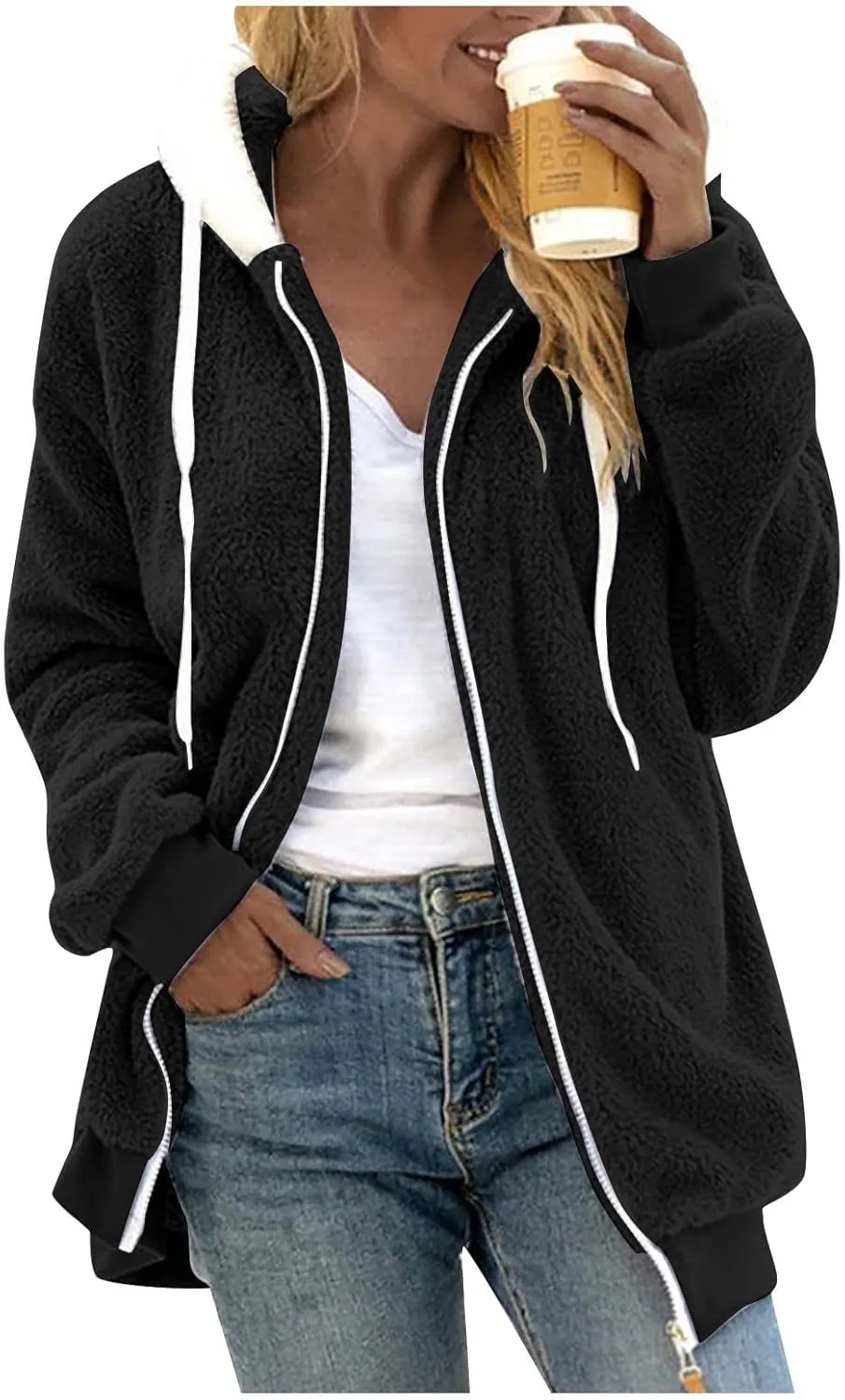 Fuzzy Fleece Jacket Women Fluffy Plus Size Faux Fur Coats Shaggy Oversized Zip Up Hoodie with Pockets Sherpa Jackets