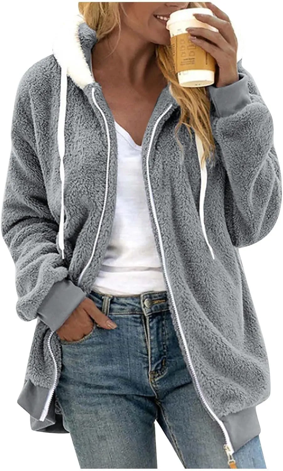 Fuzzy Fleece Jacket Women Fluffy Plus Size Faux Fur Coats Shaggy Oversized Zip Up Hoodie with Pockets Sherpa Jackets