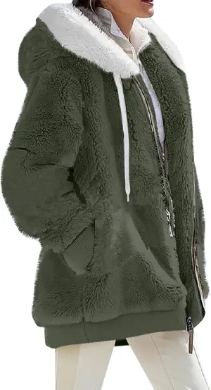 Fuzzy Fleece Jacket Women Fluffy Plus Size Faux Fur Coats Shaggy Oversized Zip Up Hoodie with Pockets Sherpa Jackets
