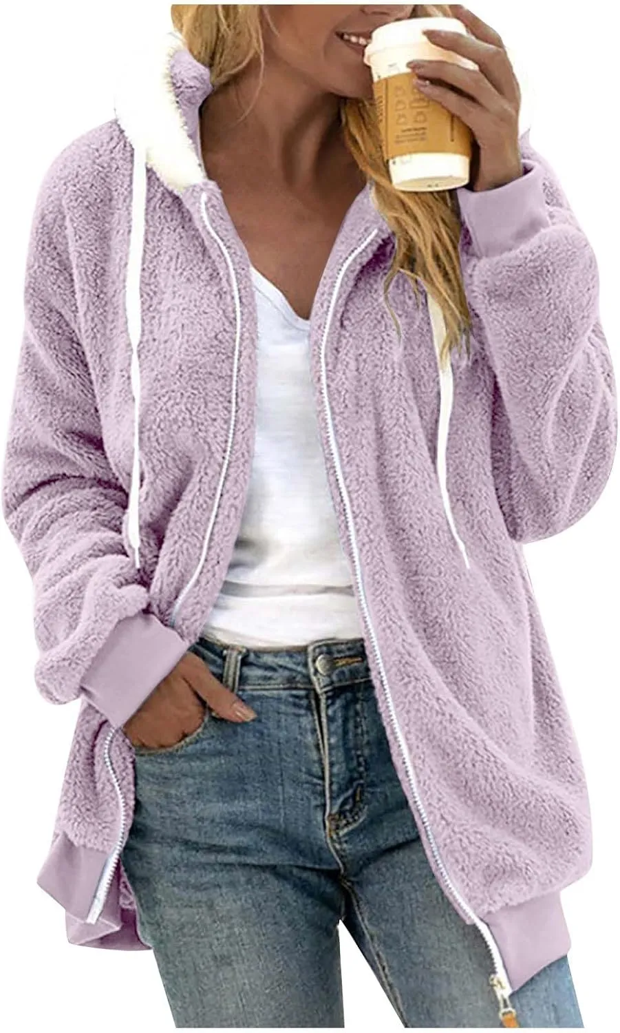 Fuzzy Fleece Jacket Women Fluffy Plus Size Faux Fur Coats Shaggy Oversized Zip Up Hoodie with Pockets Sherpa Jackets