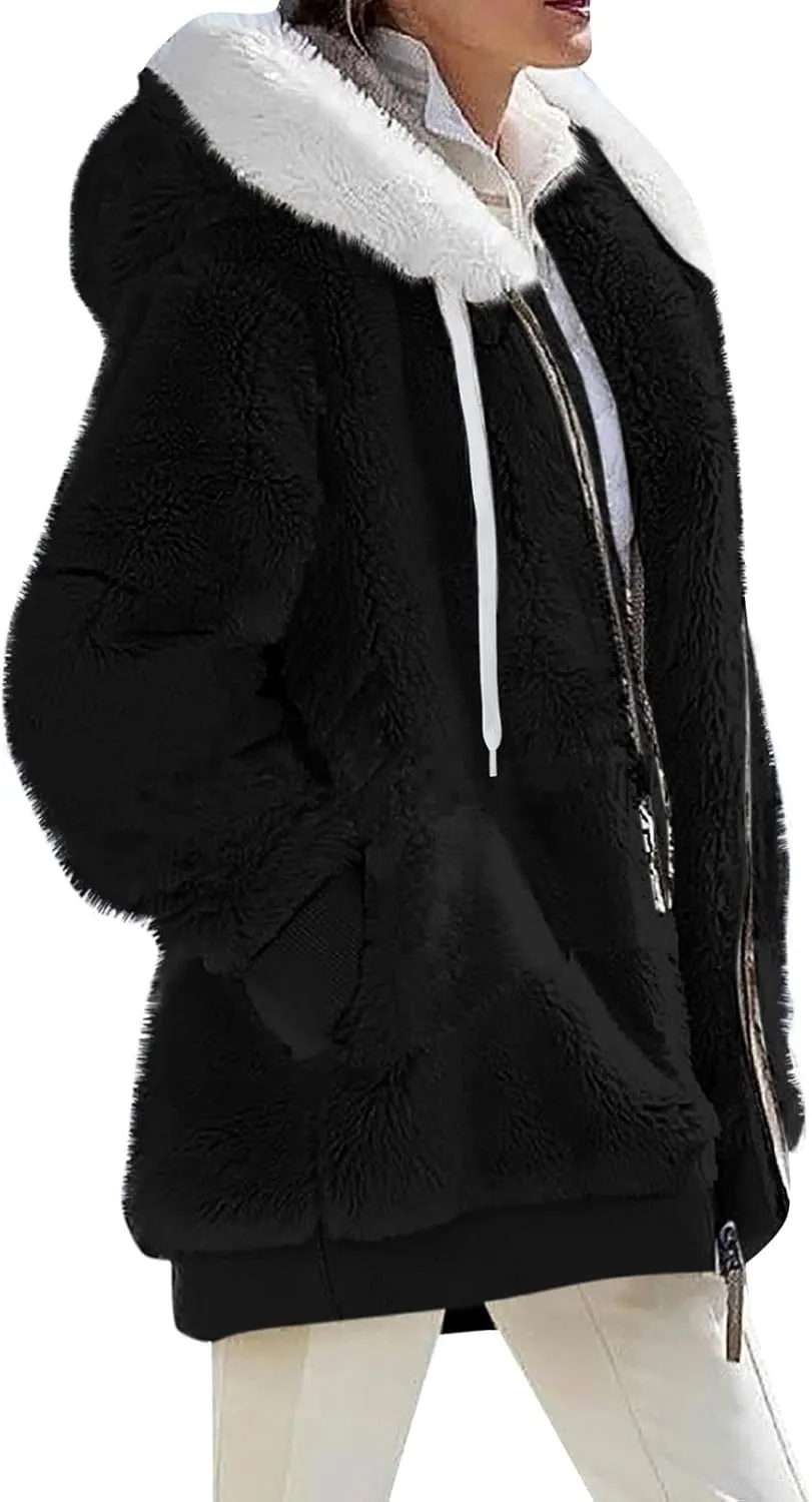 Fuzzy Fleece Jacket Women Fluffy Plus Size Faux Fur Coats Shaggy Oversized Zip Up Hoodie with Pockets Sherpa Jackets