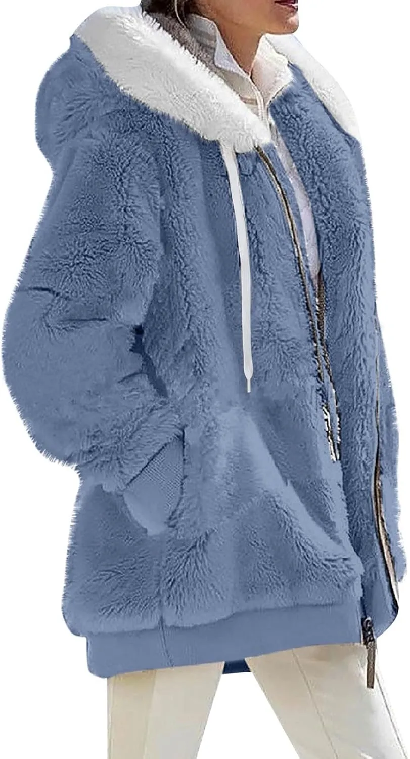 Fuzzy Fleece Jacket Women Fluffy Plus Size Faux Fur Coats Shaggy Oversized Zip Up Hoodie with Pockets Sherpa Jackets