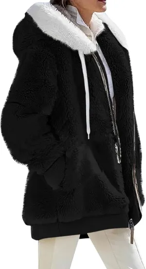 Fuzzy Fleece Jacket Women Fluffy Plus Size Faux Fur Coats Shaggy Oversized Zip Up Hoodie with Pockets Sherpa Jackets
