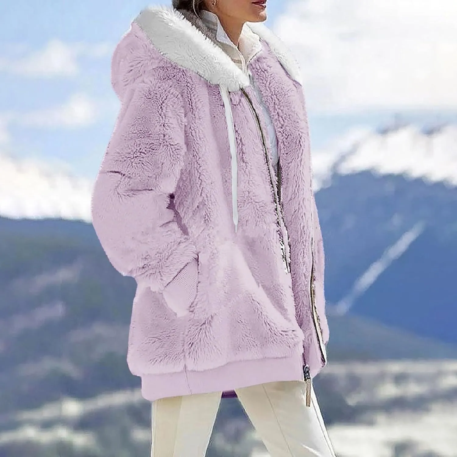 Fuzzy Fleece Jacket Women Fluffy Plus Size Faux Fur Coats Shaggy Oversized Zip Up Hoodie with Pockets Sherpa Jackets