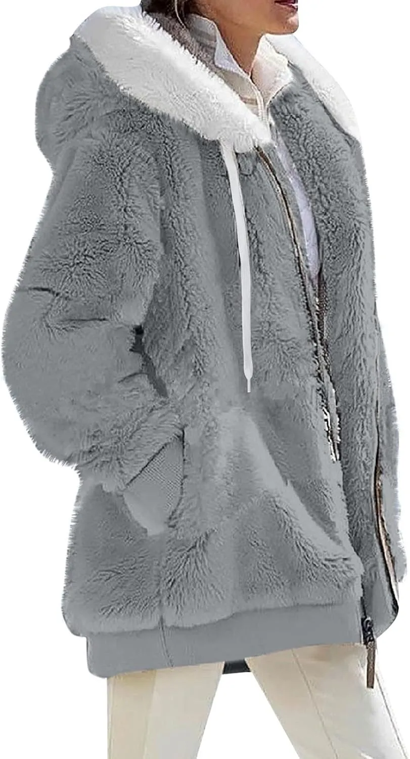 Fuzzy Fleece Jacket Women Fluffy Plus Size Faux Fur Coats Shaggy Oversized Zip Up Hoodie with Pockets Sherpa Jackets