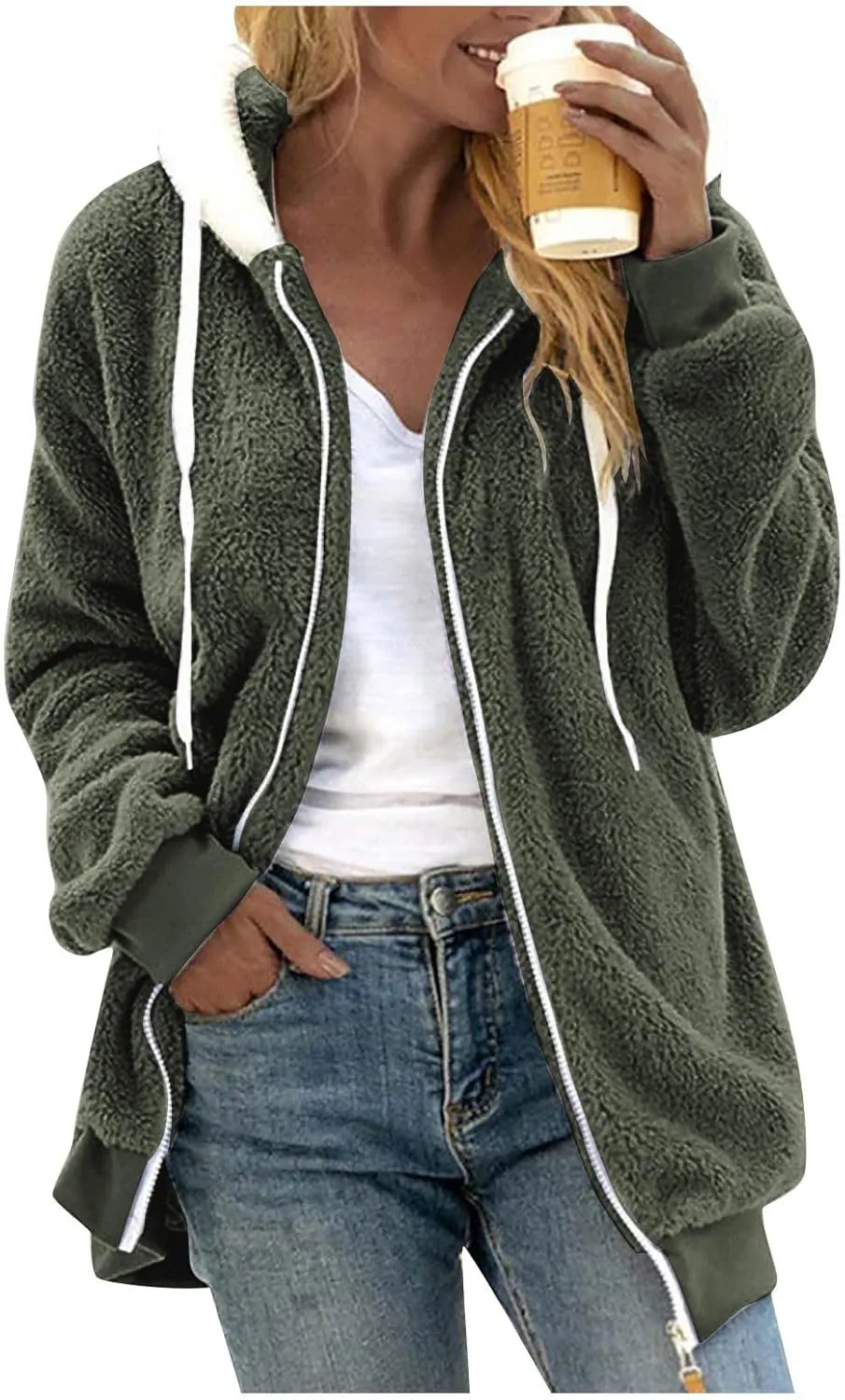 Fuzzy Fleece Jacket Women Fluffy Plus Size Faux Fur Coats Shaggy Oversized Zip Up Hoodie with Pockets Sherpa Jackets