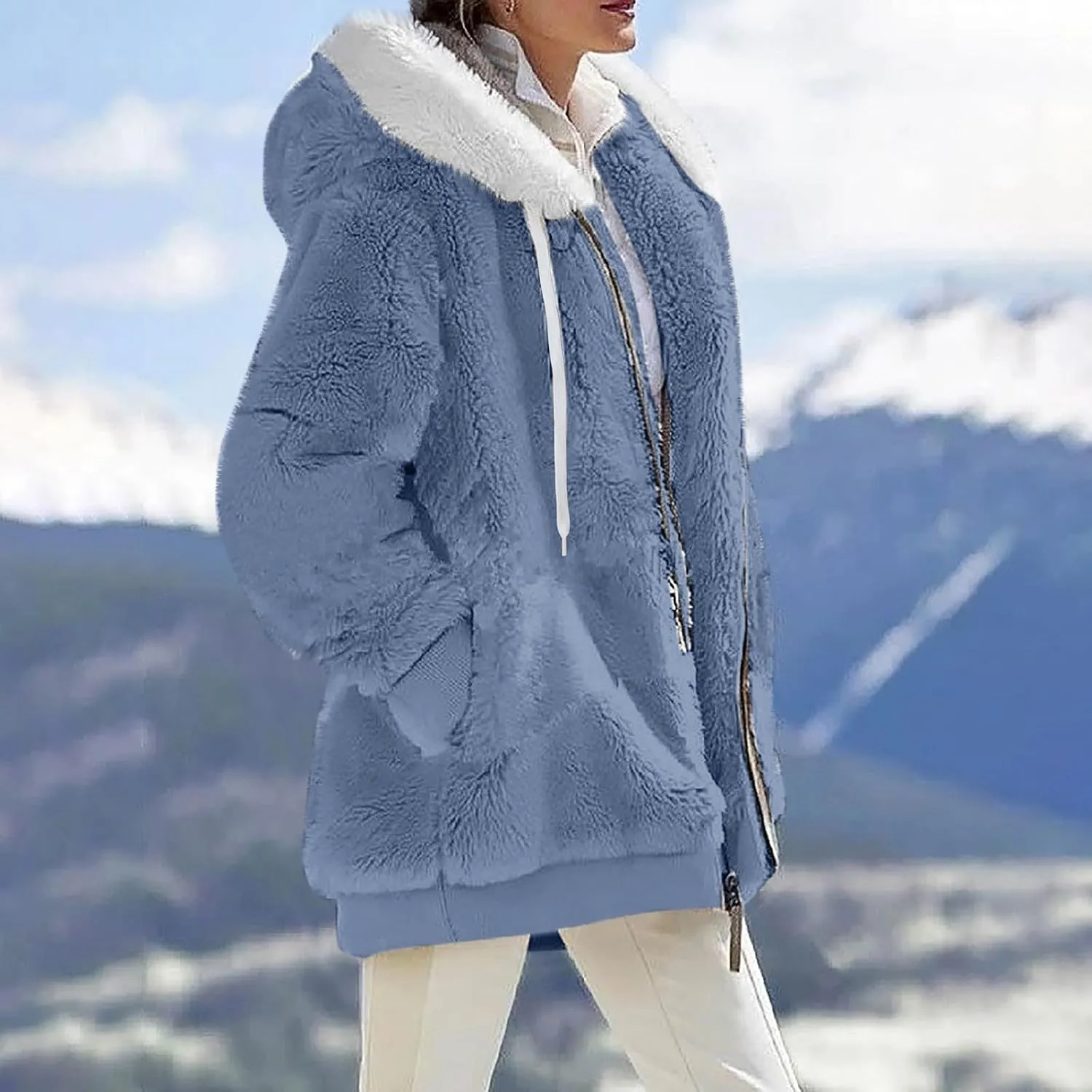 Fuzzy Fleece Jacket Women Fluffy Plus Size Faux Fur Coats Shaggy Oversized Zip Up Hoodie with Pockets Sherpa Jackets