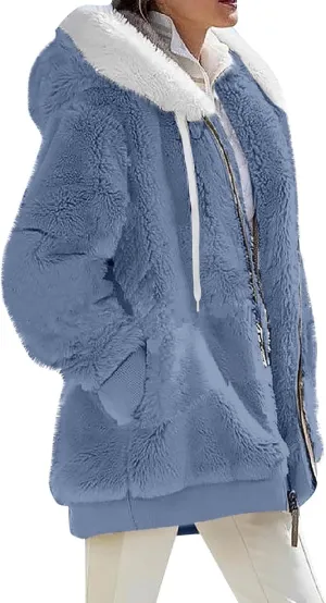 Fuzzy Fleece Jacket Women Fluffy Plus Size Faux Fur Coats Shaggy Oversized Zip Up Hoodie with Pockets Sherpa Jackets