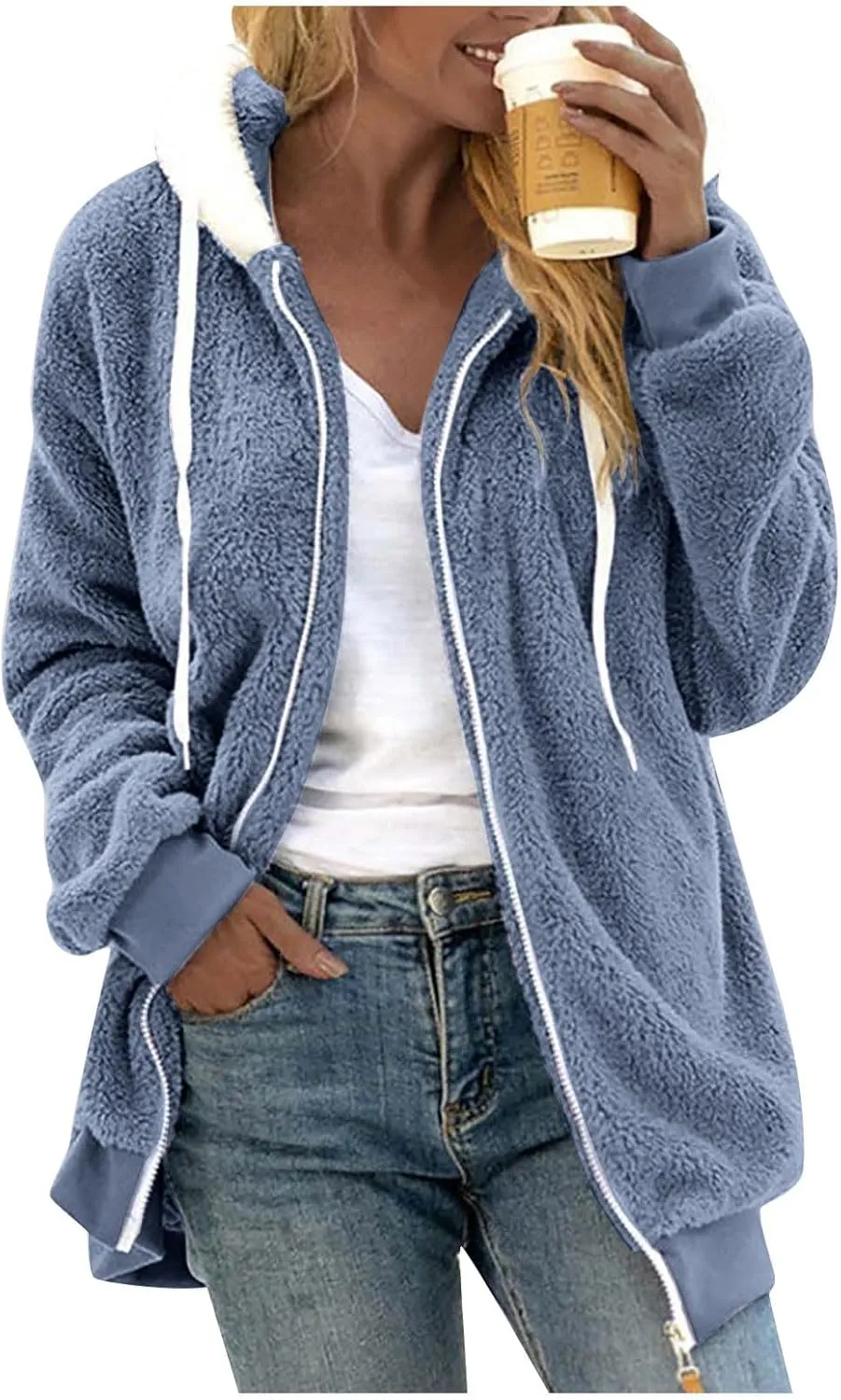 Fuzzy Fleece Jacket Women Fluffy Plus Size Faux Fur Coats Shaggy Oversized Zip Up Hoodie with Pockets Sherpa Jackets