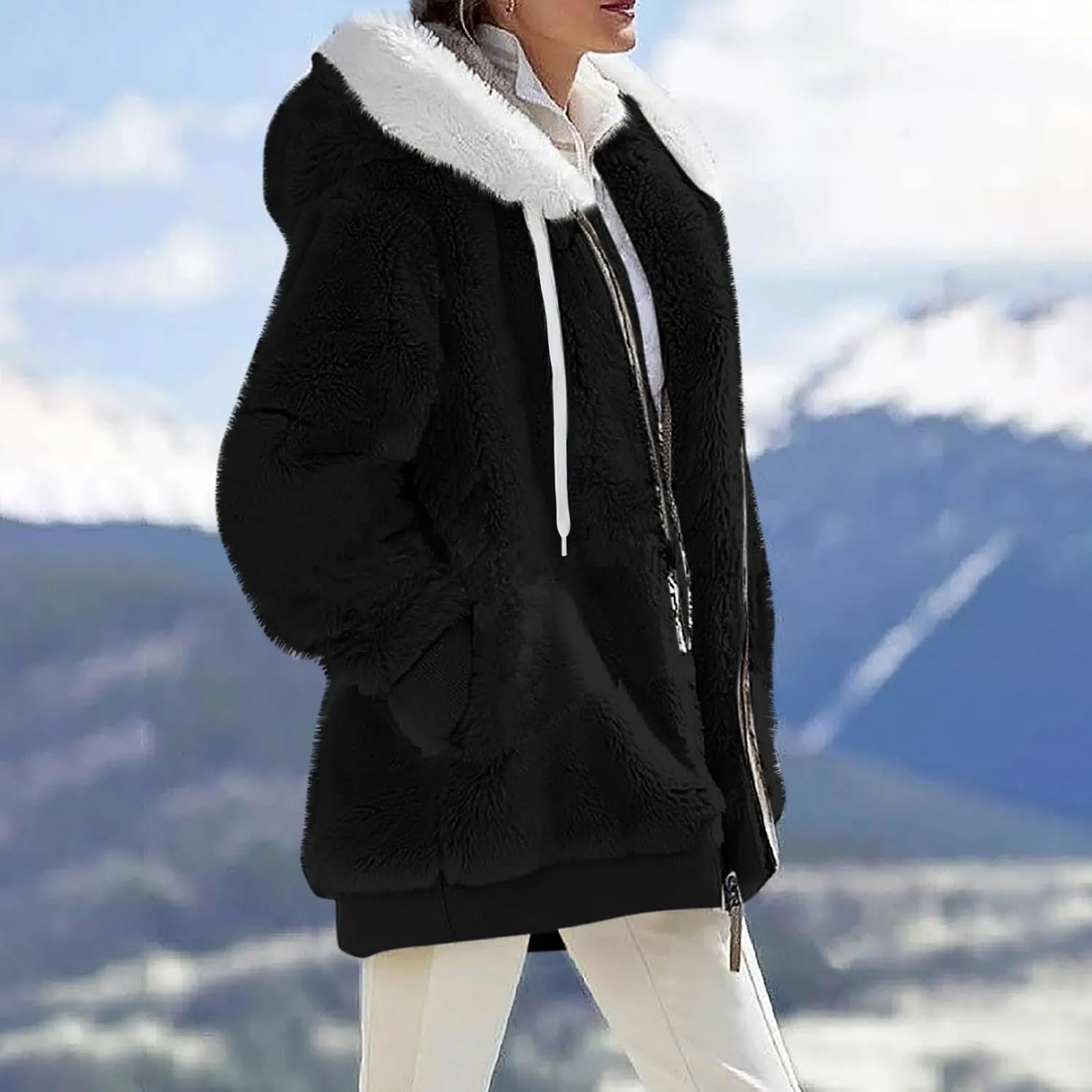 Fuzzy Fleece Jacket Women Fluffy Plus Size Faux Fur Coats Shaggy Oversized Zip Up Hoodie with Pockets Sherpa Jackets