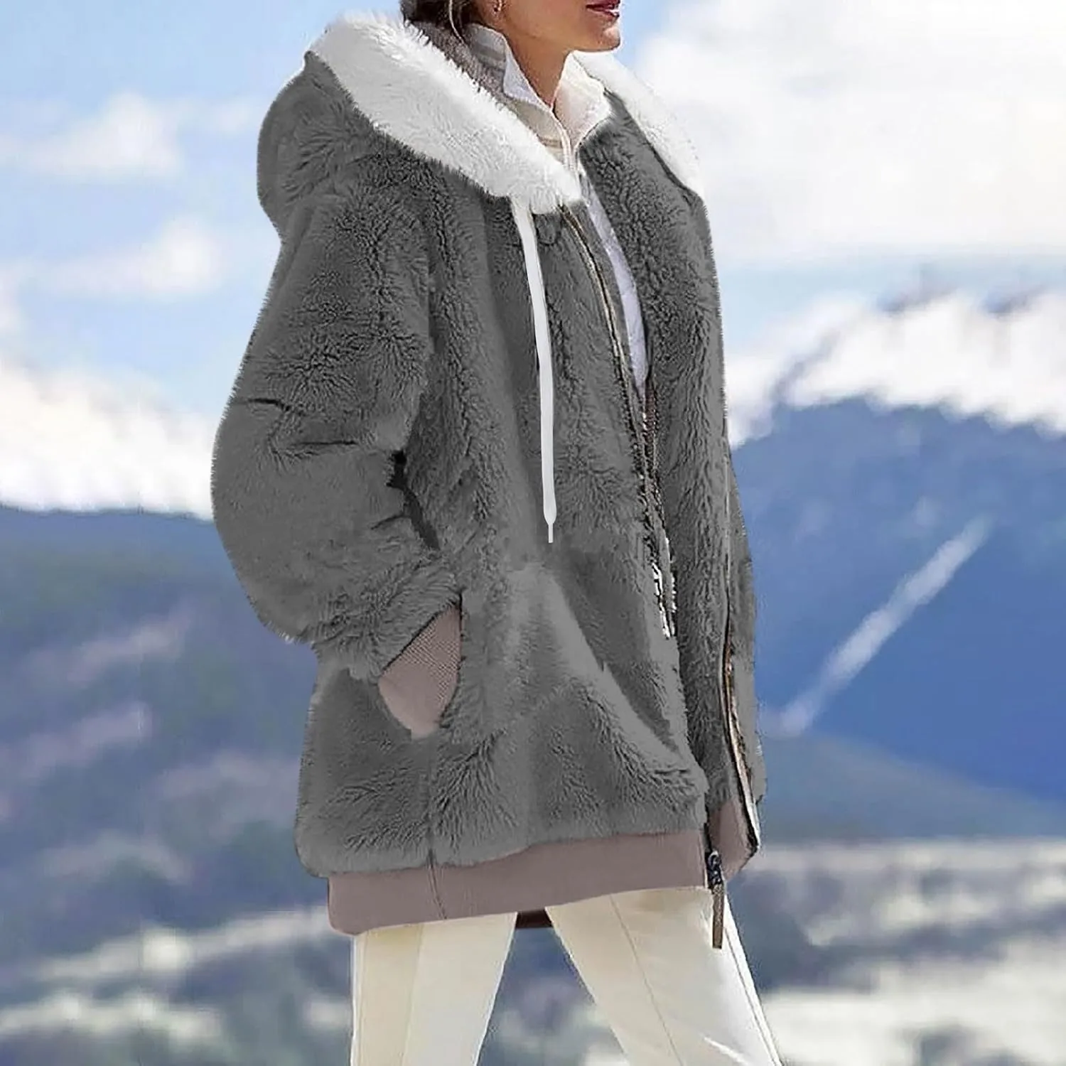 Fuzzy Fleece Jacket Women Fluffy Plus Size Faux Fur Coats Shaggy Oversized Zip Up Hoodie with Pockets Sherpa Jackets