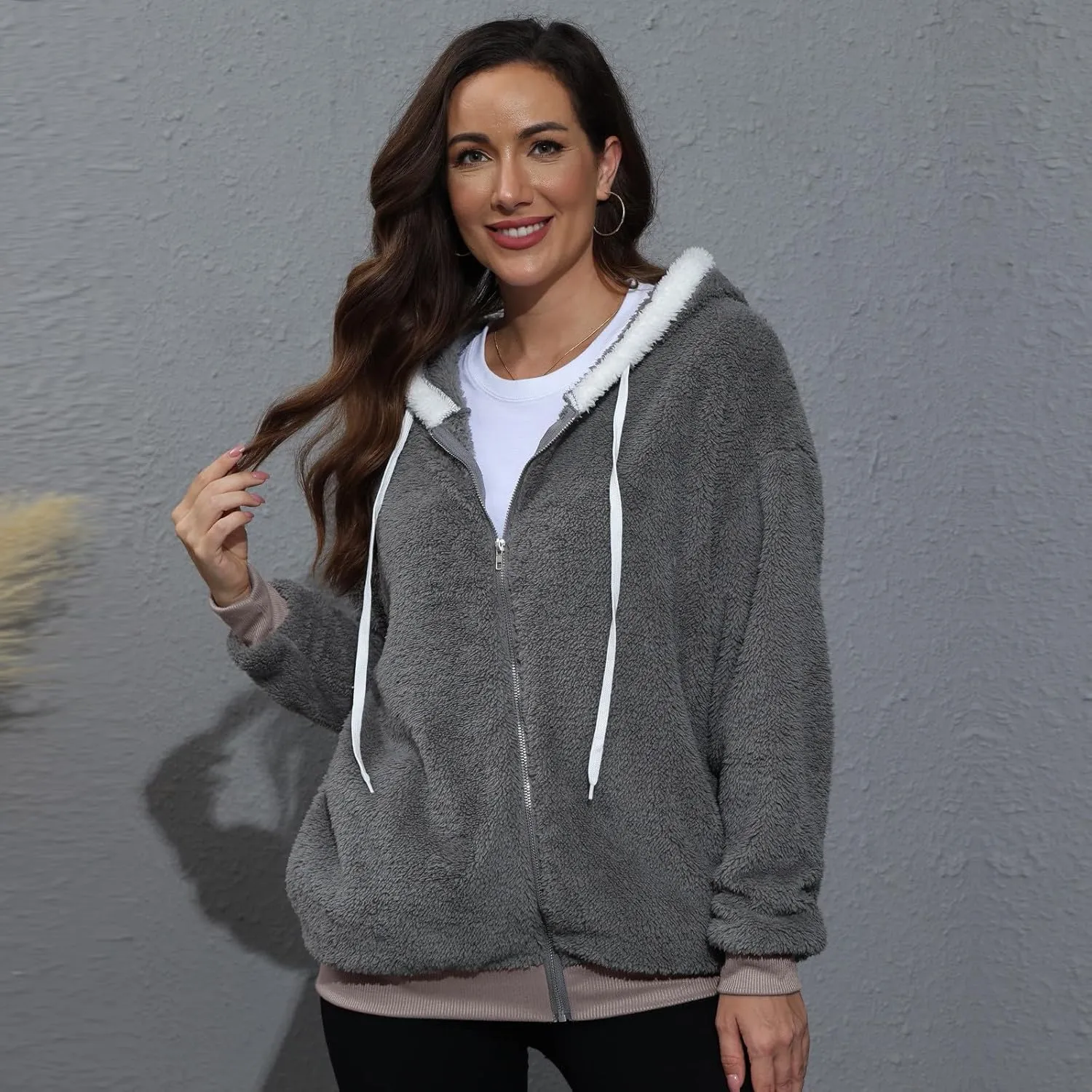 Fuzzy Fleece Jacket Women Fluffy Plus Size Faux Fur Coats Shaggy Oversized Zip Up Hoodie with Pockets Sherpa Jackets