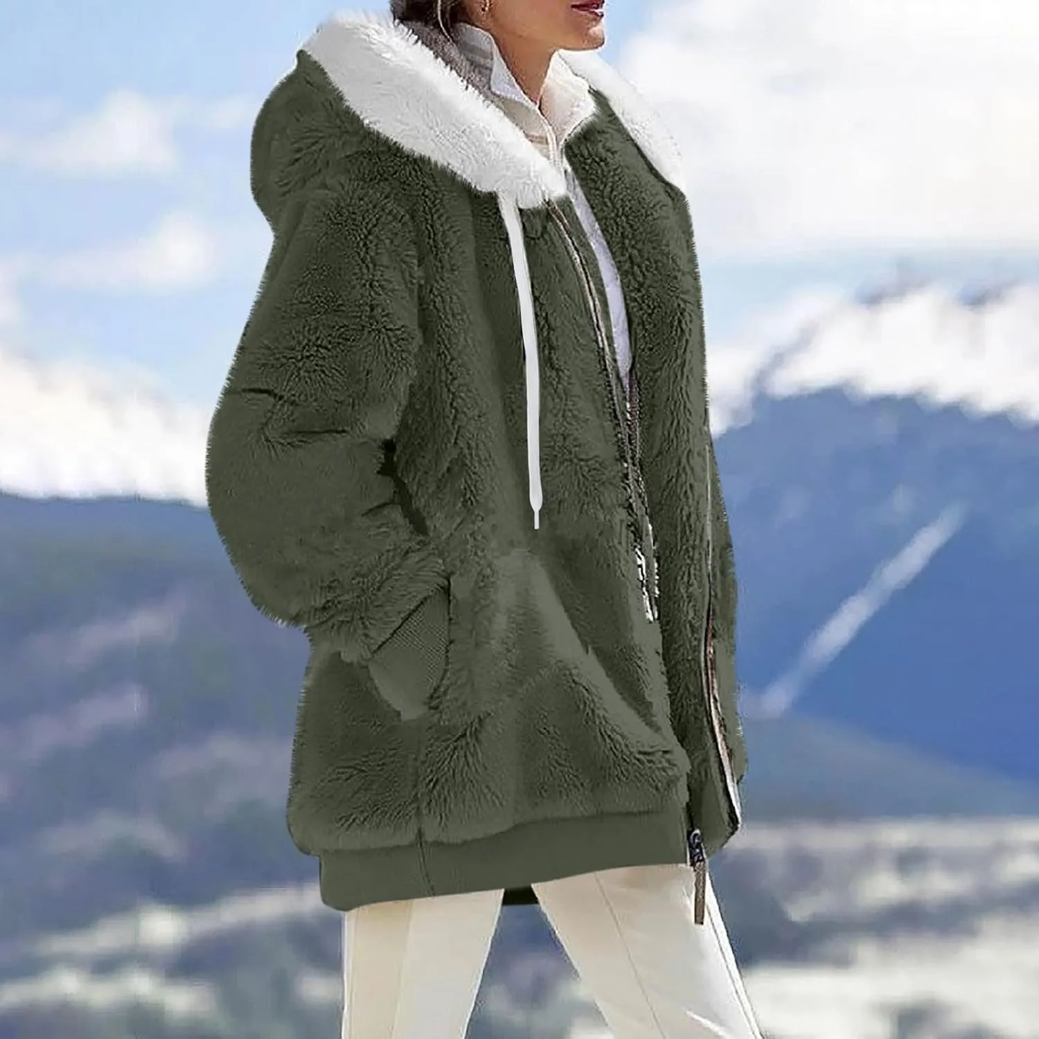 Fuzzy Fleece Jacket Women Fluffy Plus Size Faux Fur Coats Shaggy Oversized Zip Up Hoodie with Pockets Sherpa Jackets