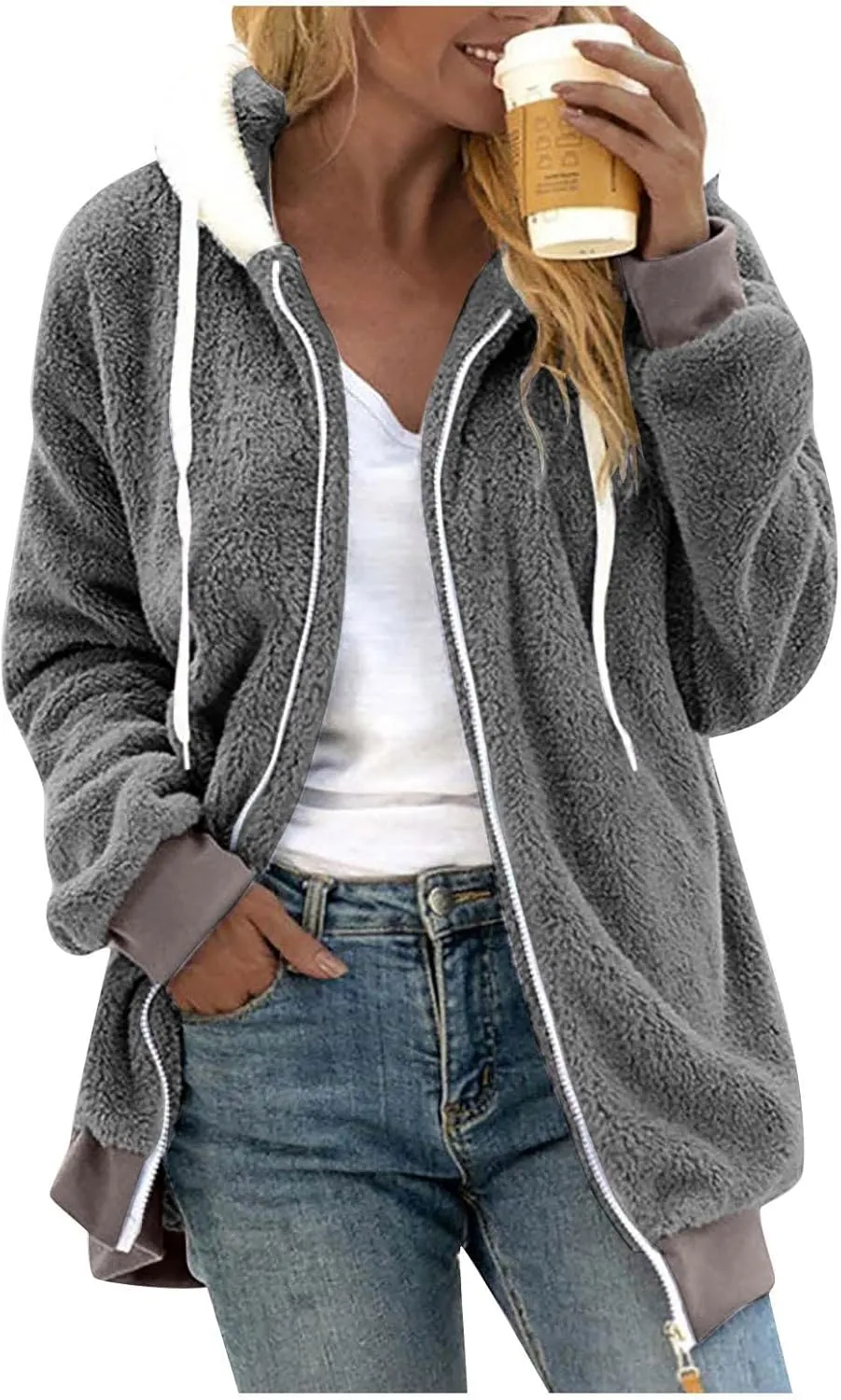 Fuzzy Fleece Jacket Women Fluffy Plus Size Faux Fur Coats Shaggy Oversized Zip Up Hoodie with Pockets Sherpa Jackets