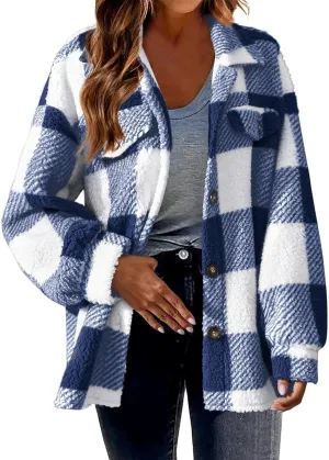 Fuzzy Fleece Jackets For Women Casual Fashion 2023 Plaid Button Down Shacket Warm Winter Sherpa Coats Outwear