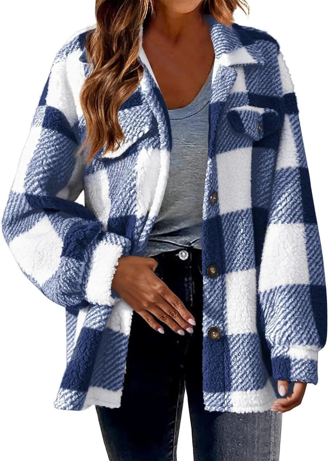 Fuzzy Fleece Jackets For Women Casual Fashion 2023 Plaid Button Down Shacket Warm Winter Sherpa Coats Outwear