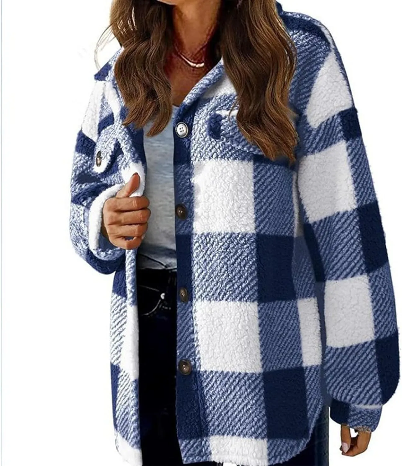 Fuzzy Fleece Jackets For Women Casual Fashion 2023 Plaid Button Down Shacket Warm Winter Sherpa Coats Outwear