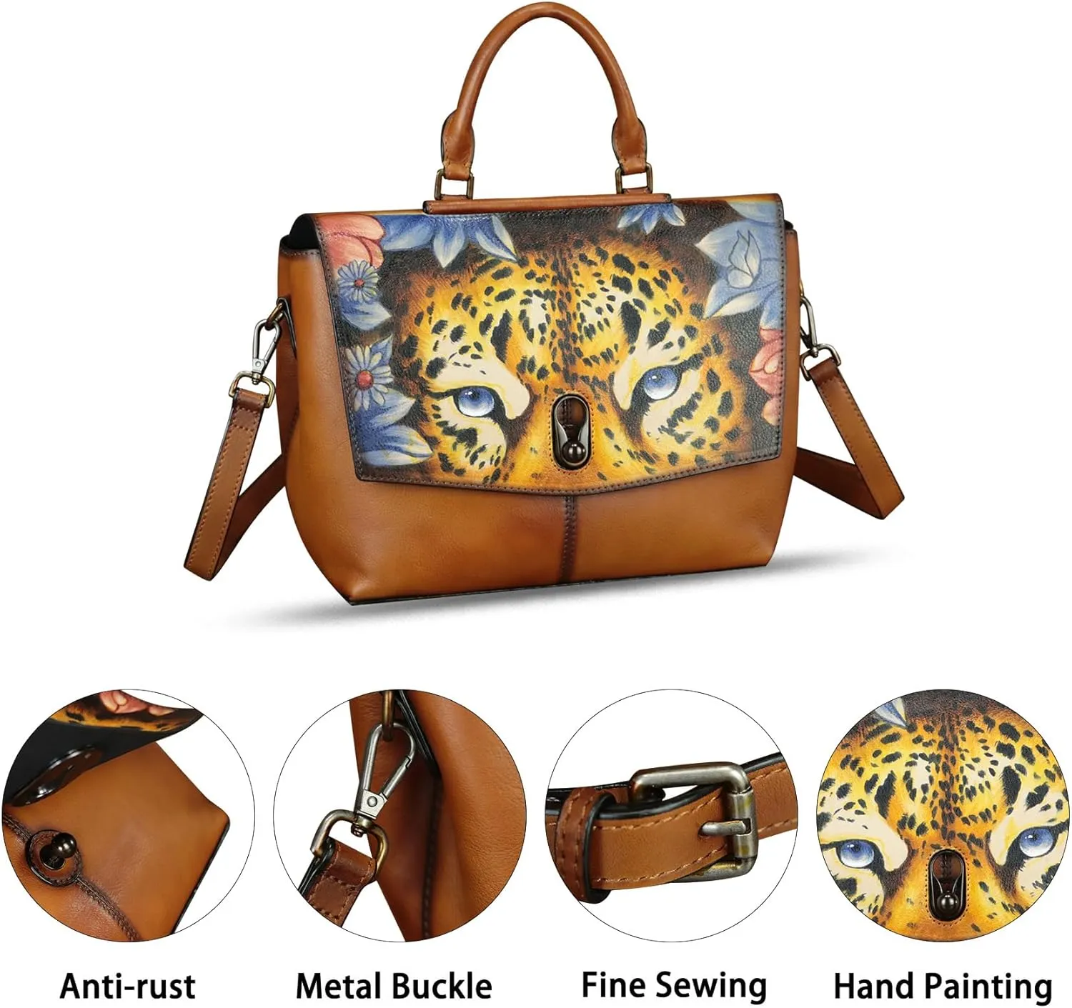 Genuine Leather Satchel for Women Hand Painted Handbag Top Handle Bags Handmade Purse Crossbody Tote Bag Purse