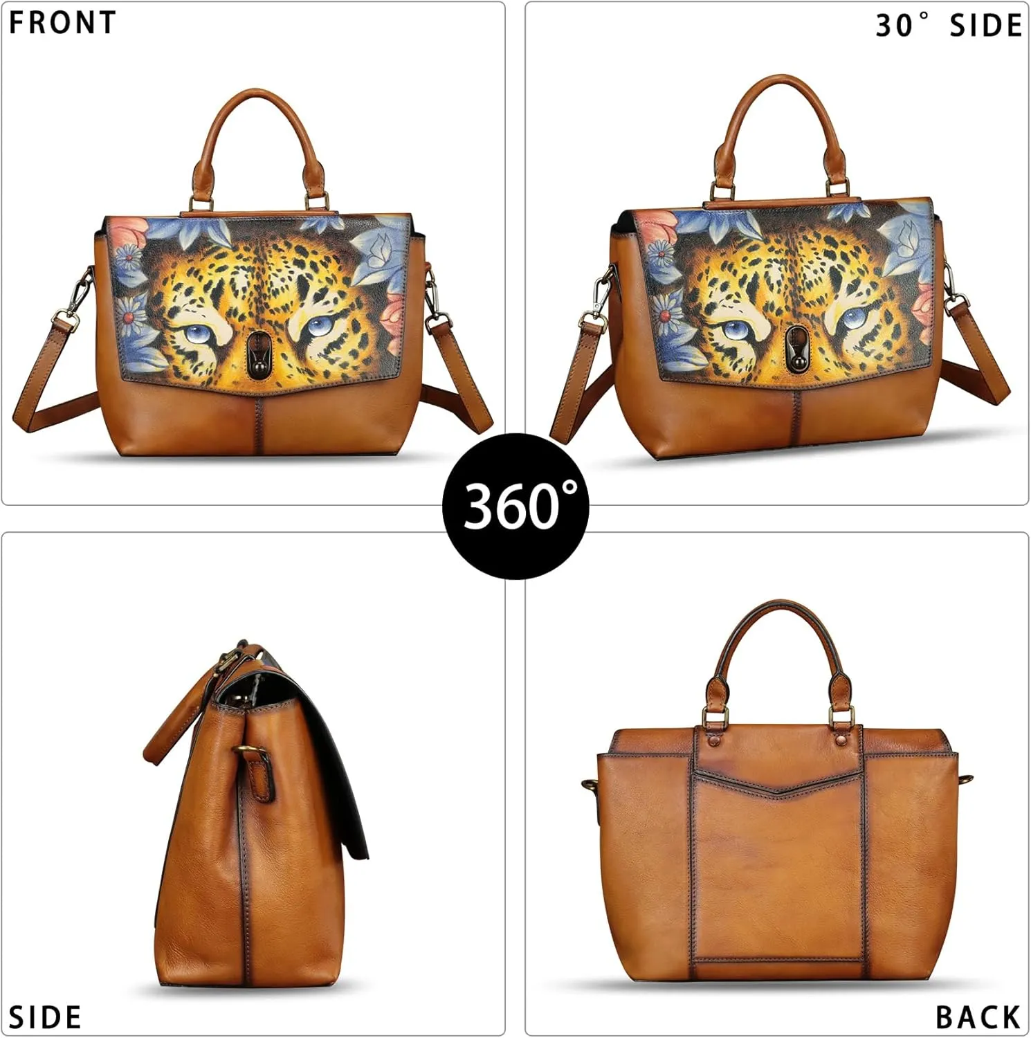 Genuine Leather Satchel for Women Hand Painted Handbag Top Handle Bags Handmade Purse Crossbody Tote Bag Purse