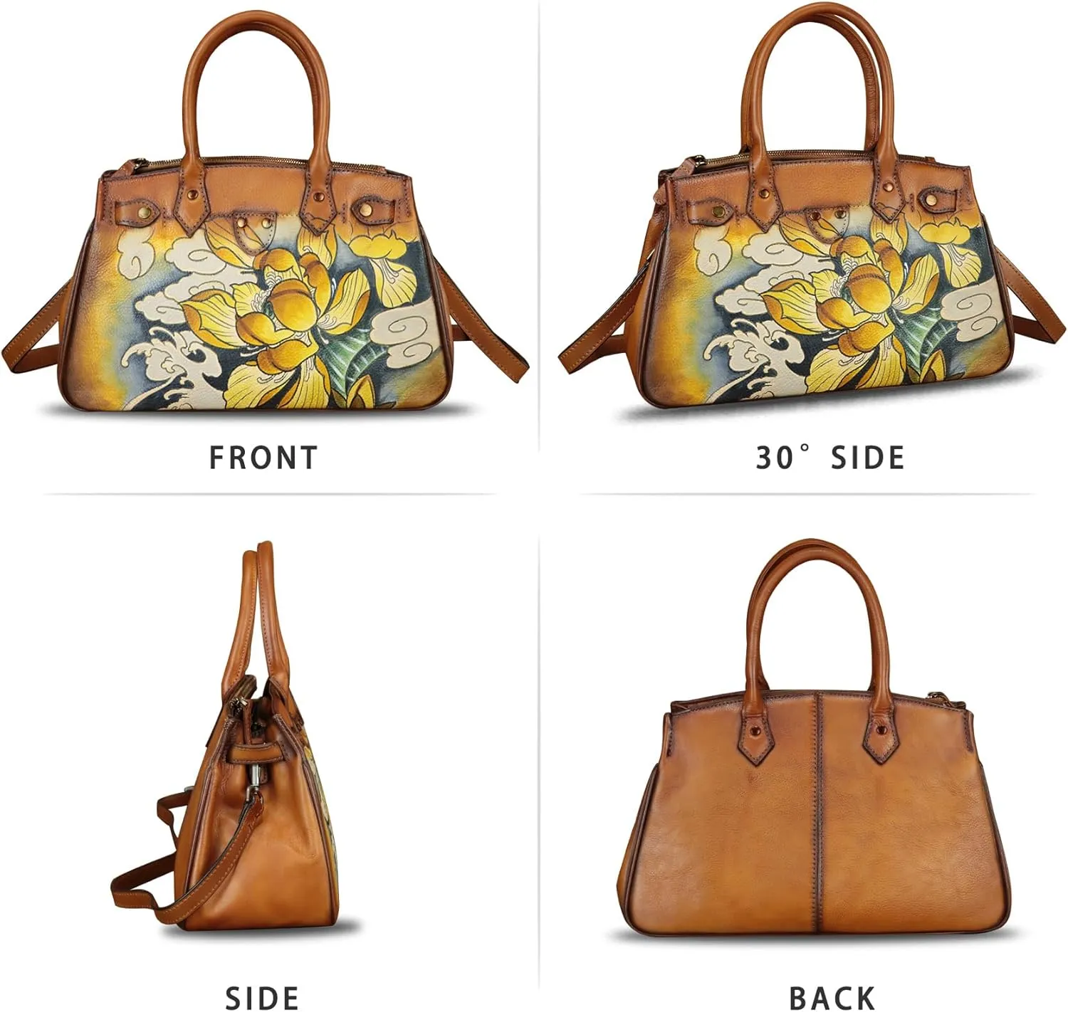 Genuine Leather Satchel for Women Hand Painted Leather Handbag Top Handle Bags Handmade Crossbody Purse Work Tote